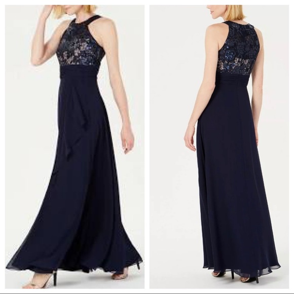 Calvin Klein Blue Halter Neck Beaded Bodice Gown Size 6 - Picture 2 of 13